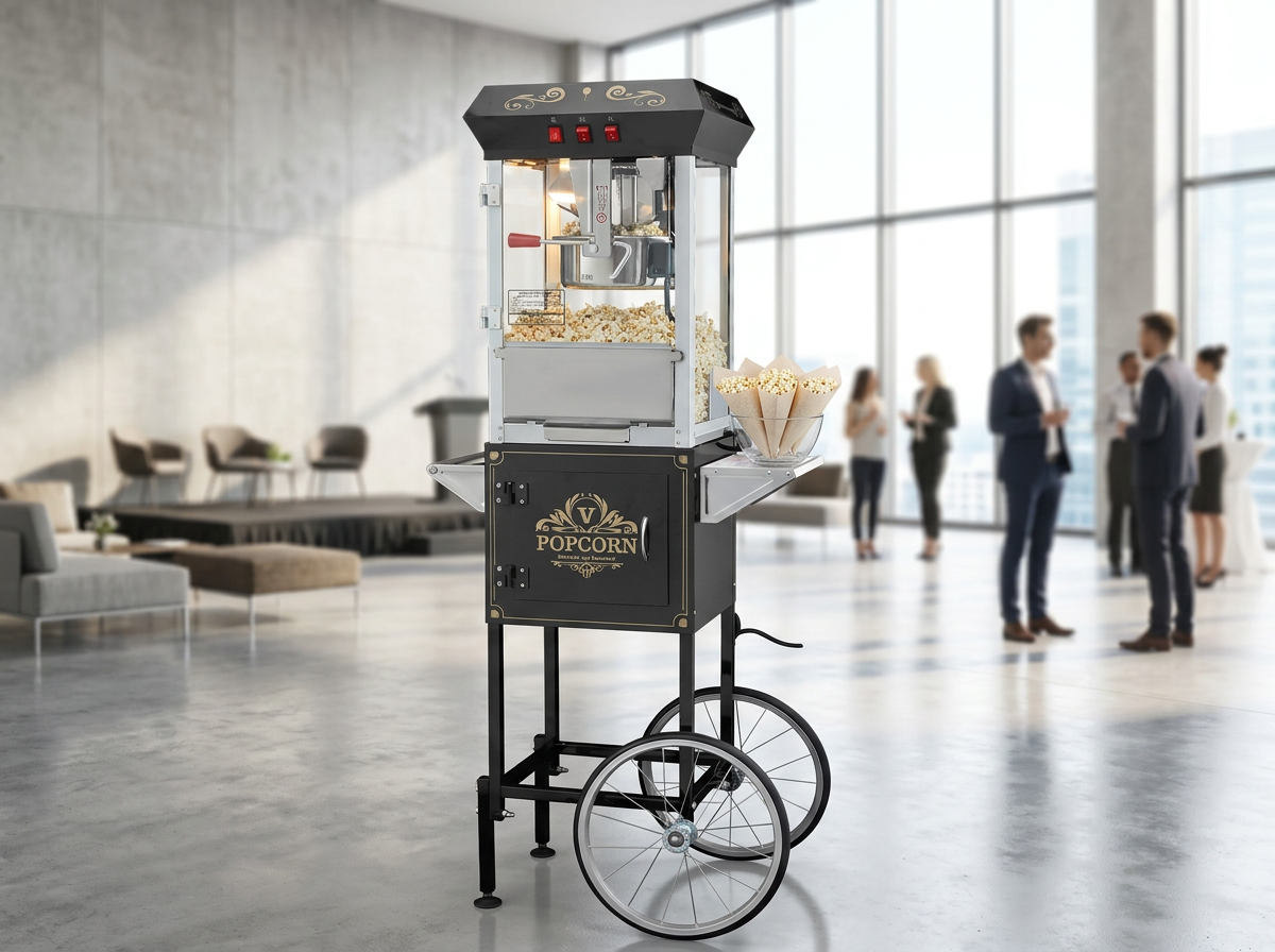 Popcorn-Maschine mit Wagen – Firmenfeier? Sofort einsatzbereit