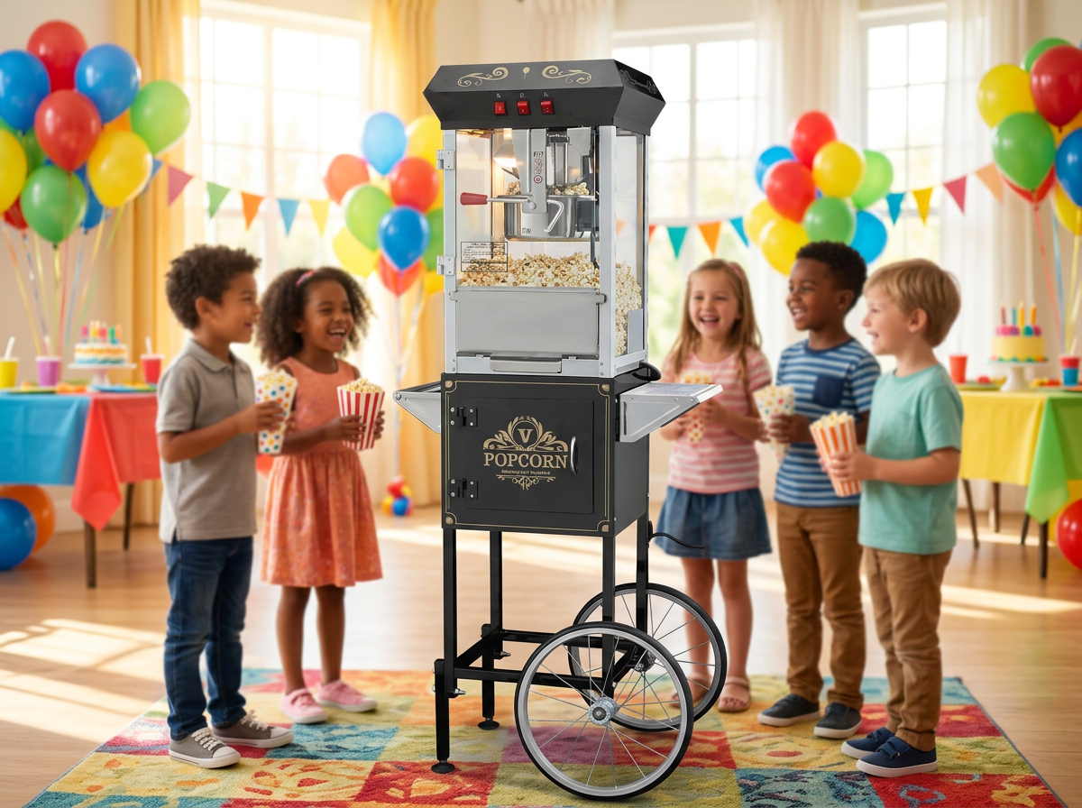 Popcorn-Maschine mit Wagen – Kindergeburtstag? Läuft.